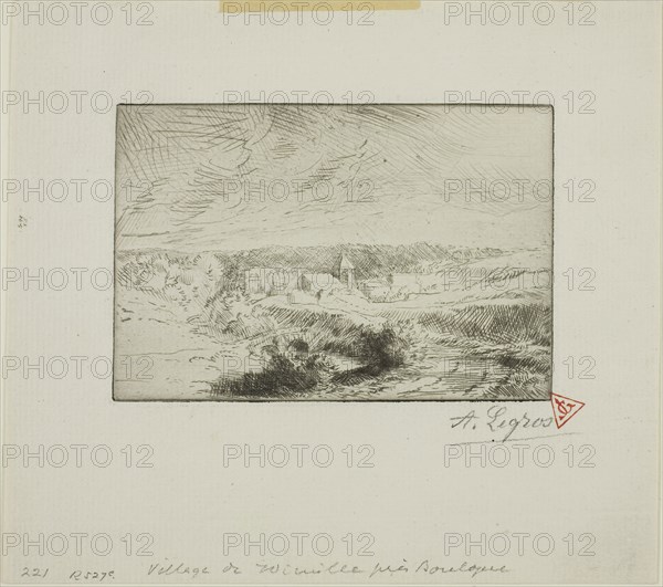 Village of Wimille, Near Boulogne, c. 1880, Alphonse Legros, French, 1837-1911, France, Etching and drypoint on light green laid paper, 80 × 118 mm (image/plate), 157 × 175 mm (sheet)