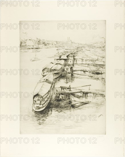 Barges at Auteuil, 1900, Gustave Leheutre, French, 1861-1932, France, Etching, drypoint and plate tone on ivory laid paper, 404 × 307 mm (plate), 608 × 440 mm (sheet)