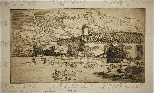 Fisher’s House, St. Jean-de-Mont, 1892, Louis Auguste Lepère, French, 1849-1918, France, Etching from a zinc plate on cream laid paper, 110 × 198 mm (image/plate), 137 × 223 mm (sheet)