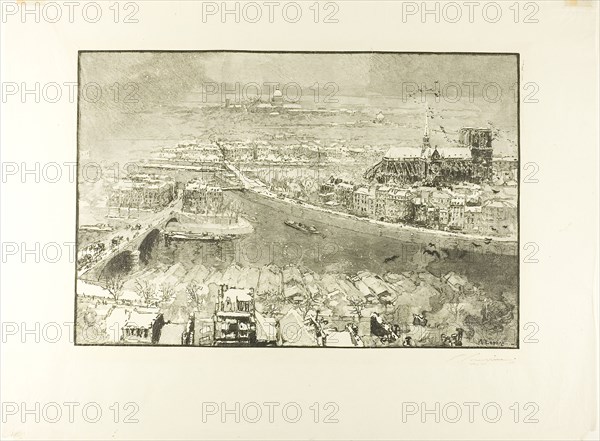 Paris Under Snow, Viewed from the Tower of Saint-Gervais, 1890, Louis Auguste Lepère, French, 1849-1918, France, Wood engraving in black on cream Japanese tissue, 302 × 453 mm (image), 454 × 607 mm (sheet)