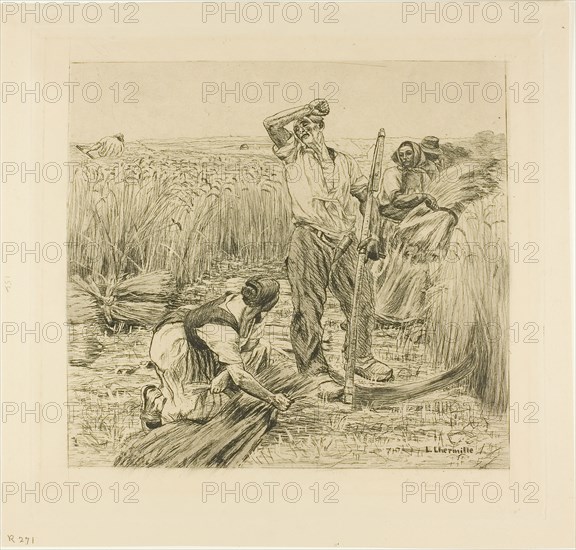 Harvest, 1872, Léon Augustin Lhermitte, French, 1844-1925, France, Etching, aquatint, and scraping on tan wove paper, 221 × 238 mm (image), 268 × 278 mm (plate), 295 × 309 mm (sheet)