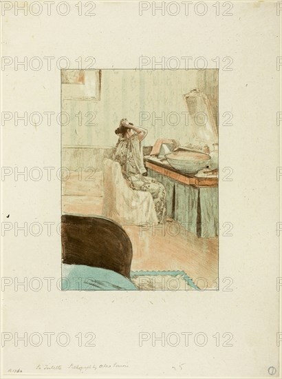 La Toilette, 1892–93, Alexandre Lunois, French, 1863-1916, France, Lithograph in rose, pale green-blue and brown on grayish-ivory laid China paper, 226 × 161 mm (image), 382 × 284 mm (sheet)