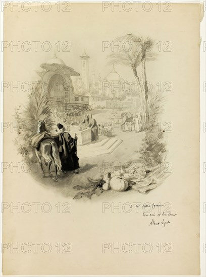 Study for Illustration for Aline, Queen of Golconda, n.d., Albert Lynch, French, born Peru, 1851-after 1900, France, Black chalk and pen and black ink, with graphite and brush and black and gray wash, on cream wove card, 434 × 313 mm