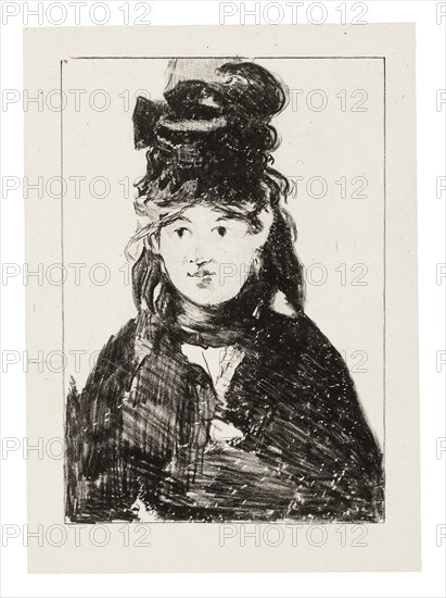 Berthe Morisot in Black, 1872–74, Édouard Manet, French, 1832-1883, France, Lithograph in black, with scraping, on off-white chine, laid down on ivory wove paper, 204 × 142 mm (image), 241 × 174 mm (primary support), 422 × 315 mm (secondary support)