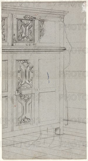 Sketch of a Cabinet, n.d., Henry Stacy Marks, English, 1829-1898, England, Black chalk heightened with white gouache on blue laid paper, 435 × 235 mm