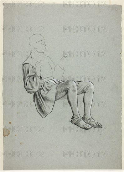 Unfinished Sketch of Seated Man, n.d., Henry Stacy Marks, English, 1829-1898, England, Black pastel, heightened with brush and white gouache, on blue laid paper, 435 × 310 mm