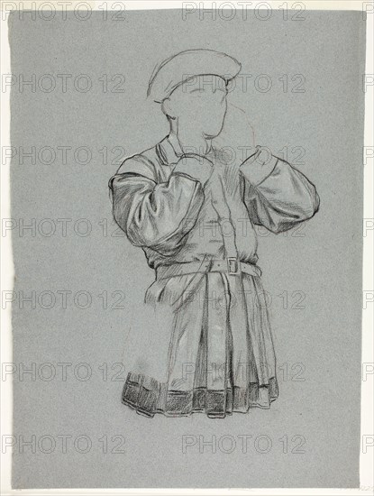 Unfinished Sketch of Man in Tunic, n.d., Henry Stacy Marks, English, 1829-1898, England, Black pastel, heightened with red and white pastel, on blue laid paper, 427 × 312 mm