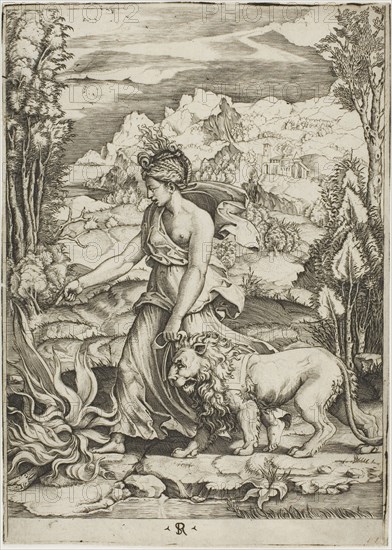 Courage, 1516/20, Marco Dente da Ravenna (Italian, c. 1486–1527), after Giulio Pippi, called Giulio Romano (Italian, c. 1499-1546), Italy, Engraving in black ink on paper, 261.5 x 187 mm