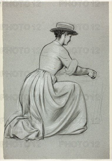 Kneeling Woman with Straw Hat, n.d., Henry Stacy Marks, English, 1829-1898, England, Black pastel, heightened with white pastel, on blue laid paper, 456 × 307 mm, The Brook, n.d., Edward Calvert, English, 1799-1883, England, Woodcut on paper, 56 × 88 mm (image), 65 × 101 mm (sheet, trimmed within plate mark)