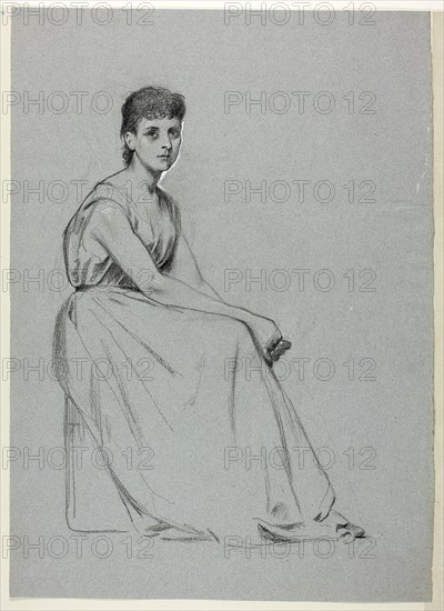 Seated Woman Facing Right, n.d., Henry Stacy Marks, English, 1829-1898, England, Black pastel, heightened with white gouache, on blue laid paper, 441 × 318 mm