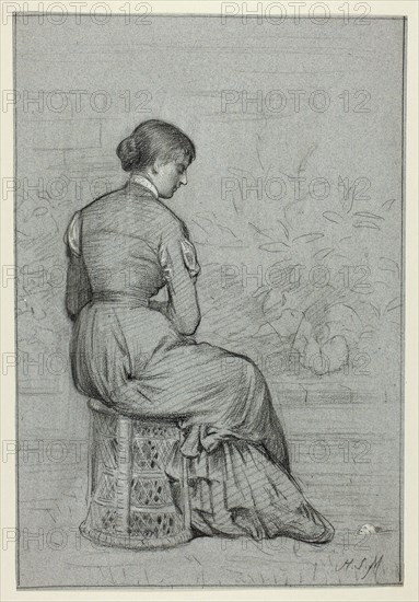 Woman Seated on a Tabouret, n.d., Henry Stacy Marks, English, 1829-1898, England, Black pastel, heightened with white gouache, on blue laid paper, 342 × 234 mm