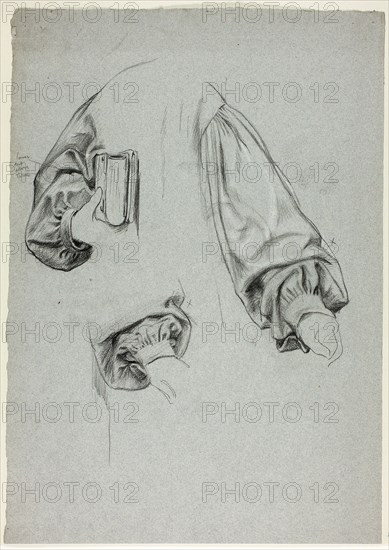 Three Sketches of Sleeves, n.d., Henry Stacy Marks, English, 1829-1898, England, Black pastel, heightened with touches of white pastel, on blue laid paper, 439 × 309 mm