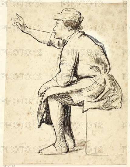 Seated Man with Raised Arm, n.d., Henry Stacy Marks, English, 1829-1898, England, Pen and brown ink on cream wove paper, 195 × 149 mm