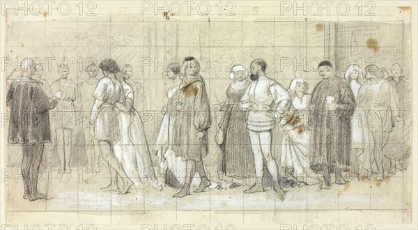 Figures in Procession, n.d., Henry Stacy Marks, English, 1829-1898, England, Black chalk, with brush and gray wash and watercolor, heightened with white gouache, squared in graphite, on ivory wove paper, 153 × 283 mm
