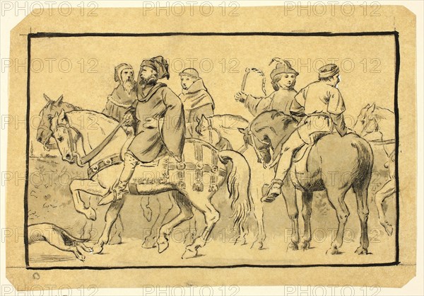 Canterbury Pilgrims, n.d., Henry Stacy Marks, English, 1829-1898, England, Pen and black ink, with brush and gray wash and touches of white gouache, over traces of graphite, on tan tracing paper, tipped onto card, 101 × 146 mm