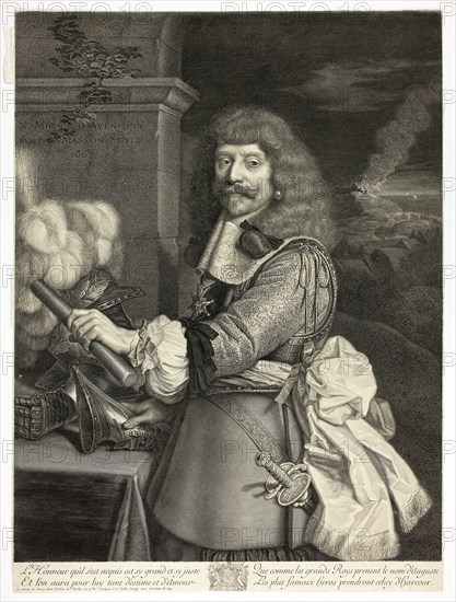 Portrait of Henri de Lorraine, Comte d’Harcourt, Horsemaster of France, 1667, Antoine Masson (French, 1636-1700), after Nicolas Mignard (French, 1606-1668), France, Engraving in black on ivory laid paper, 547 × 405 mm (image), 549 × 406 mm (sheet, trimmed within plate mark)