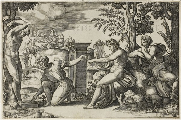 Apollo and Marsyas, c. 1532, Master of the Die (Italian, active c. 1530-1560), after Raffaello Sanzio, called Raphael (Italian, 1483-1520), Italy, Engraving in black on paper, 188 x 284 mm (sheet)