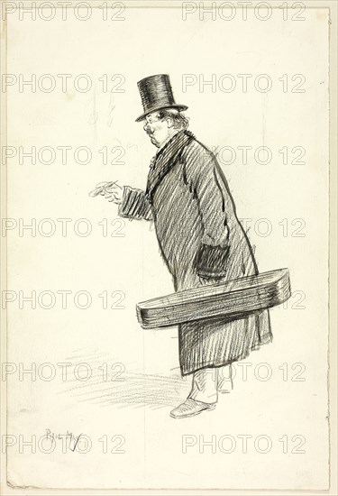 Man with Violin Case, 1897, Philipp William May, English, 1864-1903, England, Pen and black ink over black chalk and touches of graphite, heightened with white gouache, on ivory wove paper, 350 × 237 mm