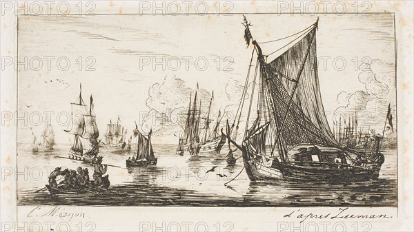 South Sea Fishers, 1850, Charles Meryon (French, 1821-1868), after Reinier Nooms (Dutch, c. 1623-c. 1664), France, Etching, drypoint and roulette on ivory wove paper, 68 × 120 mm (image), 68 × 120 mm (plate), 320 × 241 mm (sheet)