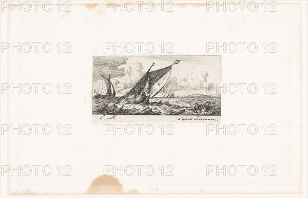 Haarlem Boats in Amsterdam, 1850, Charles Meryon (French, 1821-1868), after Reinier Nooms (Dutch, c. 1623-c. 1664), France, Etching, engraving and roulette on ivory chine, laid down on ivory wove paper, 63 × 123 mm (image), 64 × 123 mm (plate), 68 × 120 mm (primary support), 178 × 278 mm (secondary support)