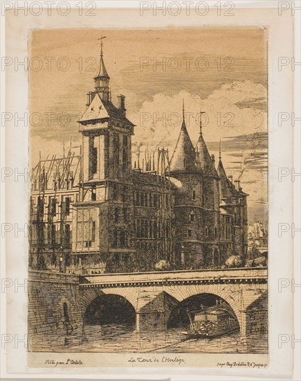 The Clock Tower, Paris, 1852, Charles Meryon (French, 1821-1868), printed by Auguste Delâtre (French, 1822-1907), published by L’Artiste (French, 1831-1904), France, Etching and engraving on tan wove chine, laid down on ivory wove paper, 255 × 182 mm (image), 264 × 188 mm (plate), 259 × 184 mm (primary support), 277 × 218 mm (secondary support)
