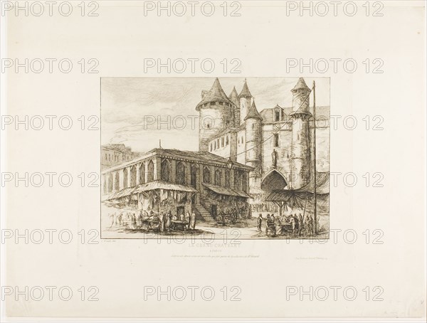 The Grand Châtelet, Paris, c. 1780, after an earlier drawing, 1861, Charles Meryon (French, 1821-1868), printed by Pierron (French, 19th century), published by Rochoux (French, 19th century), France, Etching and drypoint on ivory laid paper, 176 × 250 mm (image), 233 × 298 mm (plate), 338 × 454 mm (sheet)