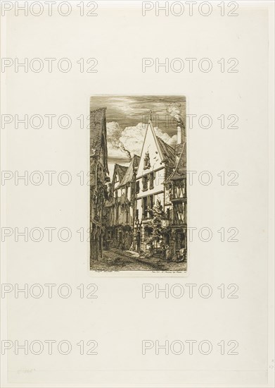 Rue des Toiles, Bourges, 1853, Charles Meryon, French, 1821-1868, France, Etching and drypoint on ivory laid paper, 217 × 122 mm (image), 217 × 122 mm (plate), 445 × 311 mm (sheet)