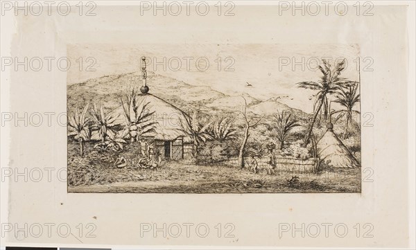 New Caledonia: Large Native Hut on the Road from Balade to Puépo, 1845, 1863, Charles Meryon, French, 1821-1868, France, Etching with burnishing, scraping and drypoint in warm black ink on ivory laid paper, 116 × 227 mm (image), 141 × 246 mm (plate), 185 × 311 mm (sheet)