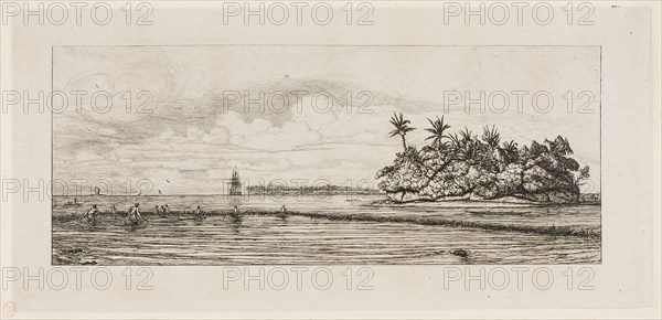 Oceania: Fishing, Near Islands with Palms in the Uea or Wallis Group, 1845, 1863, Charles Meryon, French, 1821-1868, France, Etching and drypoint on grayish ivory laid paper, laid down on ivory laid paper, 118 × 296 mm (image), 163 × 344 mm (primary support), 275 × 453 mm (secondary support)
