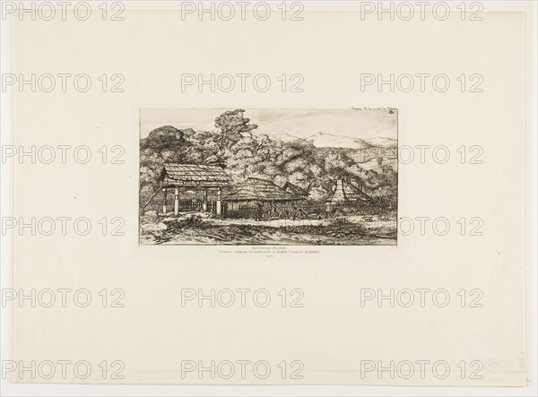 Native Barns and Huts at Akaroa, Banks’ Peninsula, 1845, 1865, Charles Meryon, French, 1821-1868, France, Etching with drypoint on ivory laid paper, 127 × 239 mm (image), 135 × 242 mm (plate), 329 × 449 mm (sheet, folded)
