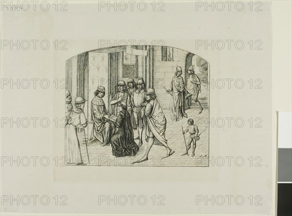 The Printer Valère Maxime being Presented to King Louis XI, 1860, Charles Meryon, French, 1821-1868, France, Etching and drypoint on grayish ivory laid paper, 147 × 172 mm (image), 172 × 200 mm (plate), 250 × 323 mm (sheet)