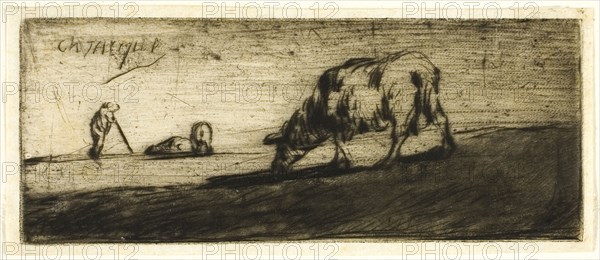 A Sheep Grazing, 1849, Jean François Millet (French, 1814-1875), printed by Auguste Delâtre (French, 1822-1907), signed by Charles Émile Jacque (French, 1813-1894), France, Etching, drypoint and roulette on ivory laid paper, 47 × 119 mm (image), 52 × 124 mm (sheet)