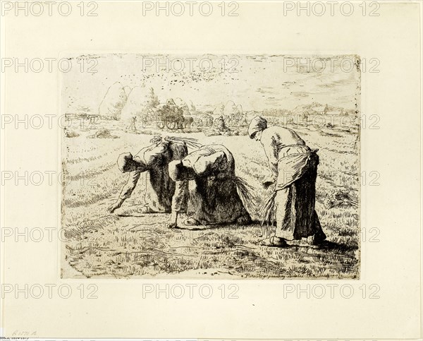 The Gleaners, 1855–56, Jean François Millet (French, 1814-1875), printed by Auguste Delâtre (French, 1822-1907), France, Etching and drypoint on ivory chine, laid down on ivory wove paper, 190 × 252 mm (image), 195 × 260 mm (plate), 190 × 252 mm (primary support), 283 × 349 mm (secondary support)