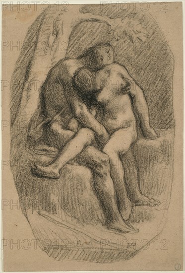 The Lovers, 1846/50, Jean François Millet, French, 1814-1875, France, Black crayon on buff wove paper with blue fibers, 352 × 223 mm
