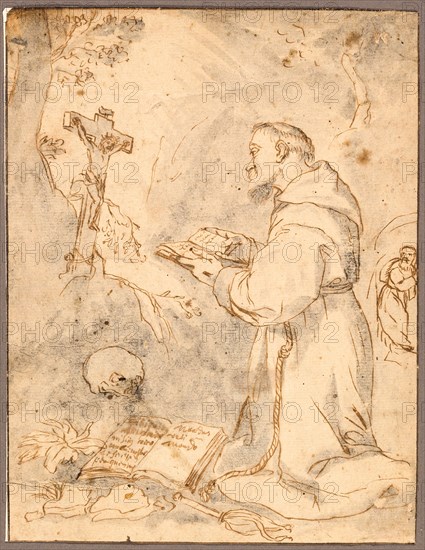 Saint Francis Praying, n.d., Possibly after Bartolomé Estéban Murillo, Spanish, 1618-1682, Spain, Pen and brown ink with brush and gray wash, on cream laid paper, 222 x 171 mm