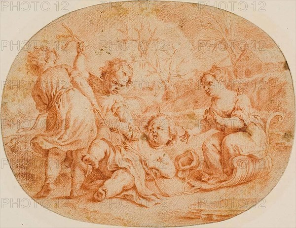 Allegorical Scene with Children Quarreling, n.d., Attributed to Jean Marc Nattier (French, 1685-1766), or Jean-Baptiste Nattier (French, 1678-1726), France, Red chalk on buff laid paper (oval), perimeter mounted on board, 152 × 197 mm