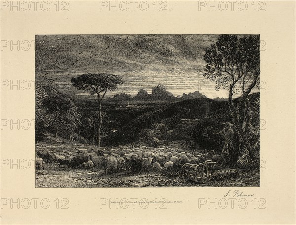 Early Morning, published 1880, Samuel Palmer, English, 1805-1881, England, Etching in black on paper, 118 × 175 mm (image), 170 × 230 mm (plate), 336 × 470 mm (sheet)