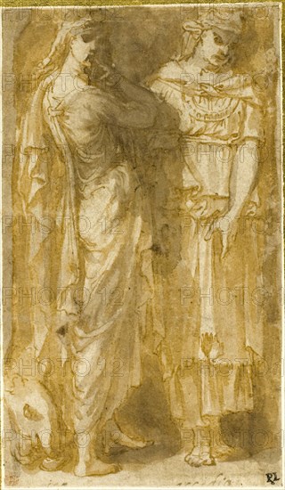 Two Standing Female Allegorical Figures: Anger and Sloth, n.d., Circle of Pirro Ligorio, Italian, c. 1513-1583, Italy, Pen and brown ink with brush and brown and gray wash, on ivory laid paper, edge mounted, tipped on to cream laid paper, 142 x 82 mm