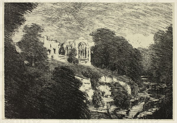 Egglestone Abbey, from the River, 1899, Joseph Pennell, American, 1857-1926, United States, Auto-lithograph on ivory wove paper, 181 x 261 mm (image), 184 x 263 mm (sheet)