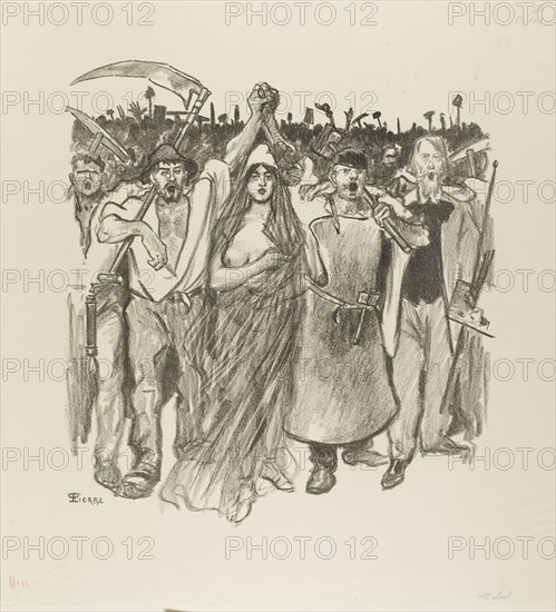 March 18, 1894, Théophile-Alexandre Steinlen (French, born Switzerland, 1859-1923), published by Edouard Kleinmann (French, 1844-1927), France, Lithograph printed in black with 5 stenciled colors (blue, green, gold, red and tan) on cream wove paper, 360 × 323 mm (image), 451 × 382 mm (sheet)