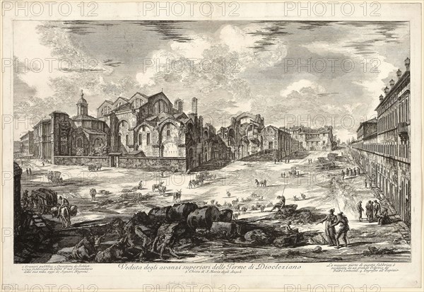 View of Visible Remains of the Baths of Diocletian, from Views of Rome, 1774, published 1800–07, Giovanni Battista Piranesi (Italian, 1720-1778), published by Francesco (Italian, 1758-1810) and Pietro Piranesi (Italian, born 1758/9), Italy, Etching on heavy ivory laid paper, 422 x 688 mm (image), 447 x 699 mm (plate), 498 x 725 mm (sheet)