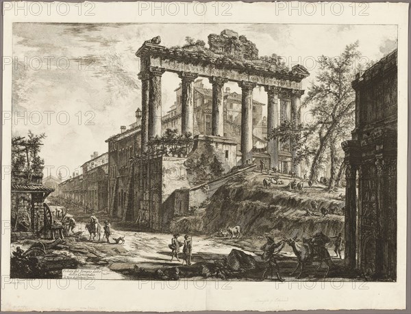 View of the So-Called Temple of Concord, from Views of Rome, 1774, published 1800–07, Giovanni Battista Piranesi (Italian, 1720-1778), published by Francesco (Italian, 1758-1810) and Pietro Piranesi (Italian, born 1758/9), Italy, Etching on heavy ivory laid paper, 462 x 692 mm (image), 470 x 700 mm (plate), 555 x 726 mm (sheet)