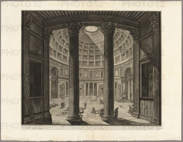 Interior view of the Pantheon, from Views of Rome, 1768, published 1800–07, Giovanni Battista Piranesi (Italian, 1720-1778), published by Francesco (Italian, 1758-1810) and Pietro Piranesi (Italian, born 1758/9), Italy, Etching on heavy ivory laid paper, 458 x 559 mm (image), 482 x 564 mm (plate), 557 x 720 mm (sheet)