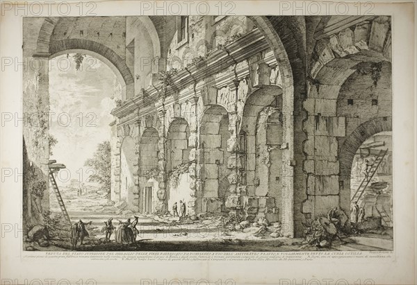 View of the upper storey of the Cages for Wild Animals built by the Emperor Domitian, associated with the Flavian Amphitheater and commonly called the Curia Hostilia, from Views of Rome, 1750/59, Giovanni Battista Piranesi, Italian, 1720-1778, Italy, Etching on heavy ivory laid paper, 383 x 601 mm (image), 405 x 608 mm (plate), 461 x 674 mm (sheet)