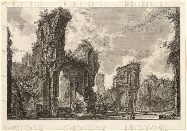 Ruins of the Xystus [a long open portico used for athletic exercises], the central hall of the Antonine Baths [The Baths of Caracalla], from Views of Rome, 1765, Giovanni Battista Piranesi, Italian, 1720-1778, Italy, Etching on heavy ivory laid paper, 425 x 650 mm (image), 430 x 656 mm (plate), 481 x 690 mm (sheet)