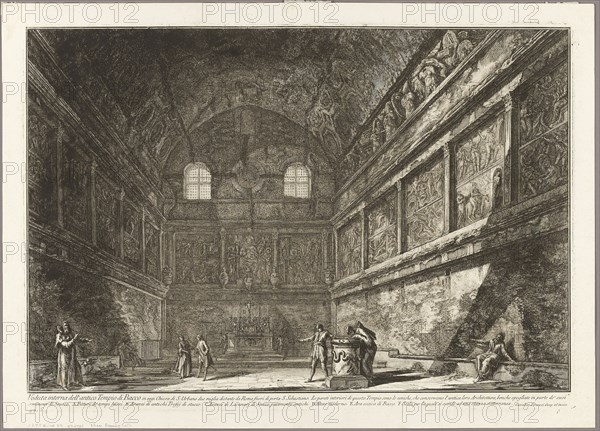 Interior view of the ancient Temple of Bacchus, now the church of S. Urbano, two miles from Rome, from Views of Rome, 1767, Giovanni Battista Piranesi, Italian, 1720-1778, Italy, Etching on heavy ivory laid paper, 403 x 600 mm (image), 424 x 604 mm (plate), 469 x 653 mm (sheet)