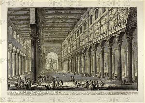 Cut-away view of the interior of the Basilica of S. Paolo fuori delle Mura [St. Paul outside the Walls], from Views of Rome, 1749, Giovanni Battista Piranesi, Italian, 1720-1778, Italy, Etching on heavy ivory laid paper, 392 x 609 mm (image), 415 x 613 mm (plate), 470 x 662 mm (sheet)