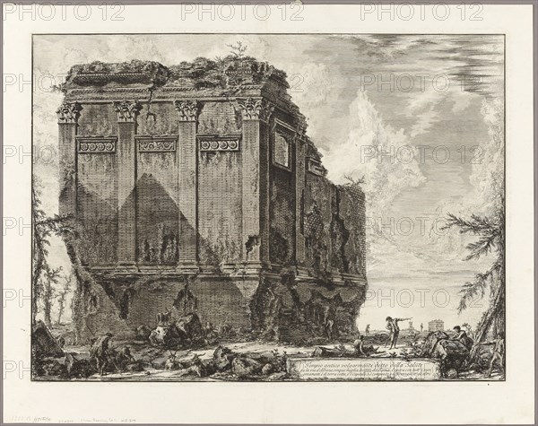 Ancient temple commonly called the Temple of Health on the Via d’Albano five miles outside Rome, from Views of Rome, 1763, Giovanni Battista Piranesi, Italian, 1720-1778, Italy, Etching on heavy ivory laid paper, 406 x 553 mm (image), 413 x 559 mm (plate), 490 x 620 mm (sheet)