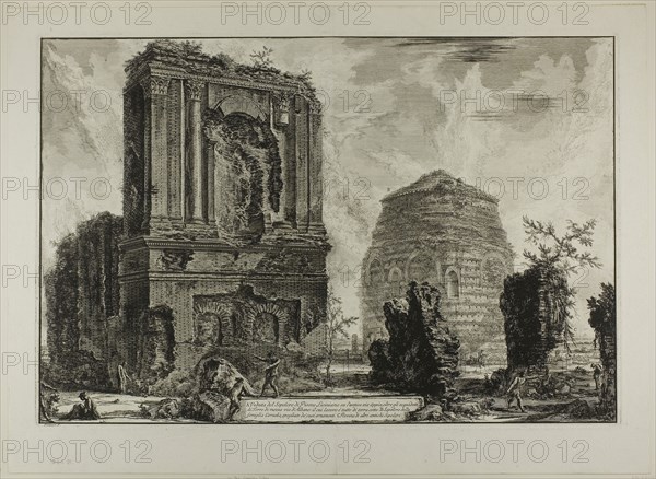A. View of the Tomb of Licinianus Piso on the ancient Appian Way… B. Tomb of the Cornelii…, from Views of Rome, 1764, published 1800–07, Giovanni Battista Piranesi (Italian, 1720-1778), published by Francesco (Italian, 1758-1810) and Pietro Piranesi (Italian, born 1758/9), Italy, Etching on heavy ivory laid paper, 405 x 603 mm (image), 413 x 611 mm (plate), 490 x 669 mm (sheet)
