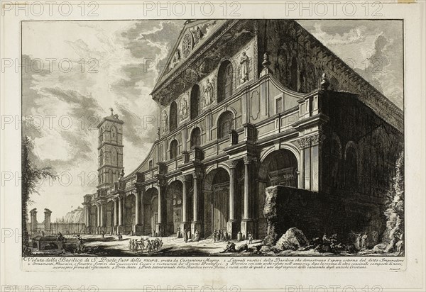 View of the Basilica of S. Paolo fuori delle Mura [St. Paul outside the Walls], built by Constantine the Great, from Views of Rome, 1750/59, Giovanni Battista Piranesi, Italian, 1720-1778, Italy, Etching on heavy ivory laid paper, 379 x 612 mm (image), 405 x 617 mm (plate), 458 x 665 mm (sheet)